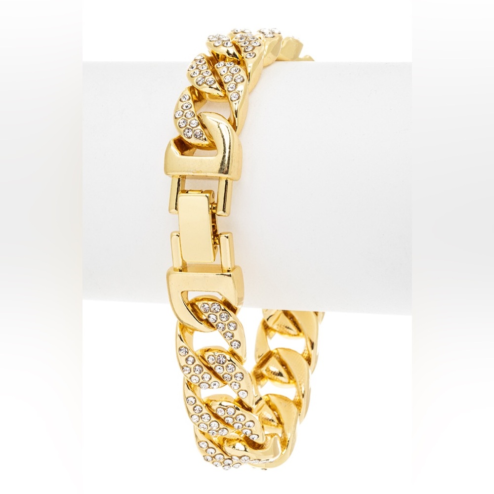 Gold Rhinestone Cuban Chain Bracelet - Picture 2 of 2